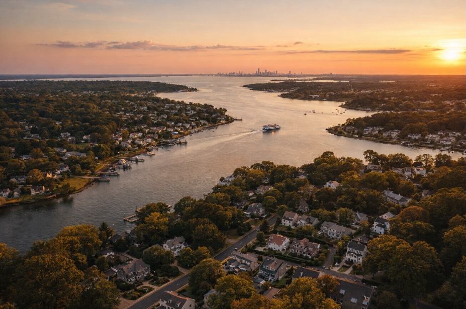 Aerial sunset view of a New Jersey bayshore town with tree-lined neighborhoods, a winding inlet, and a ferry crossing the water toward a distant New York City skyline under warm golden light.