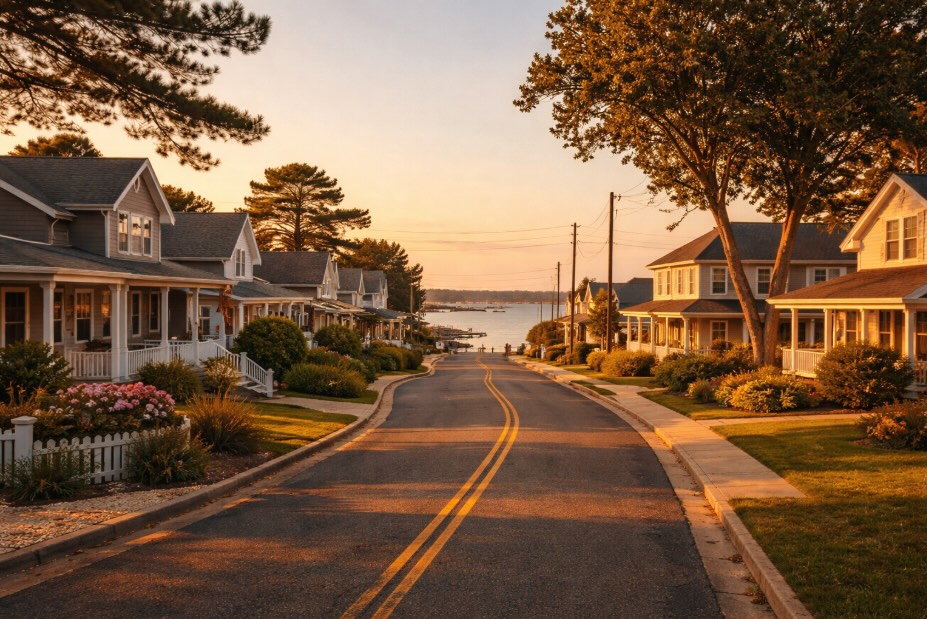 A warm, golden-hour photograph of a quiet coastal New Jersey neighborhood, featuring a tree-lined suburban street with well-kept single-family homes, lush landscaping, and a calm bay visible at the end of the road under soft, natural evening light.